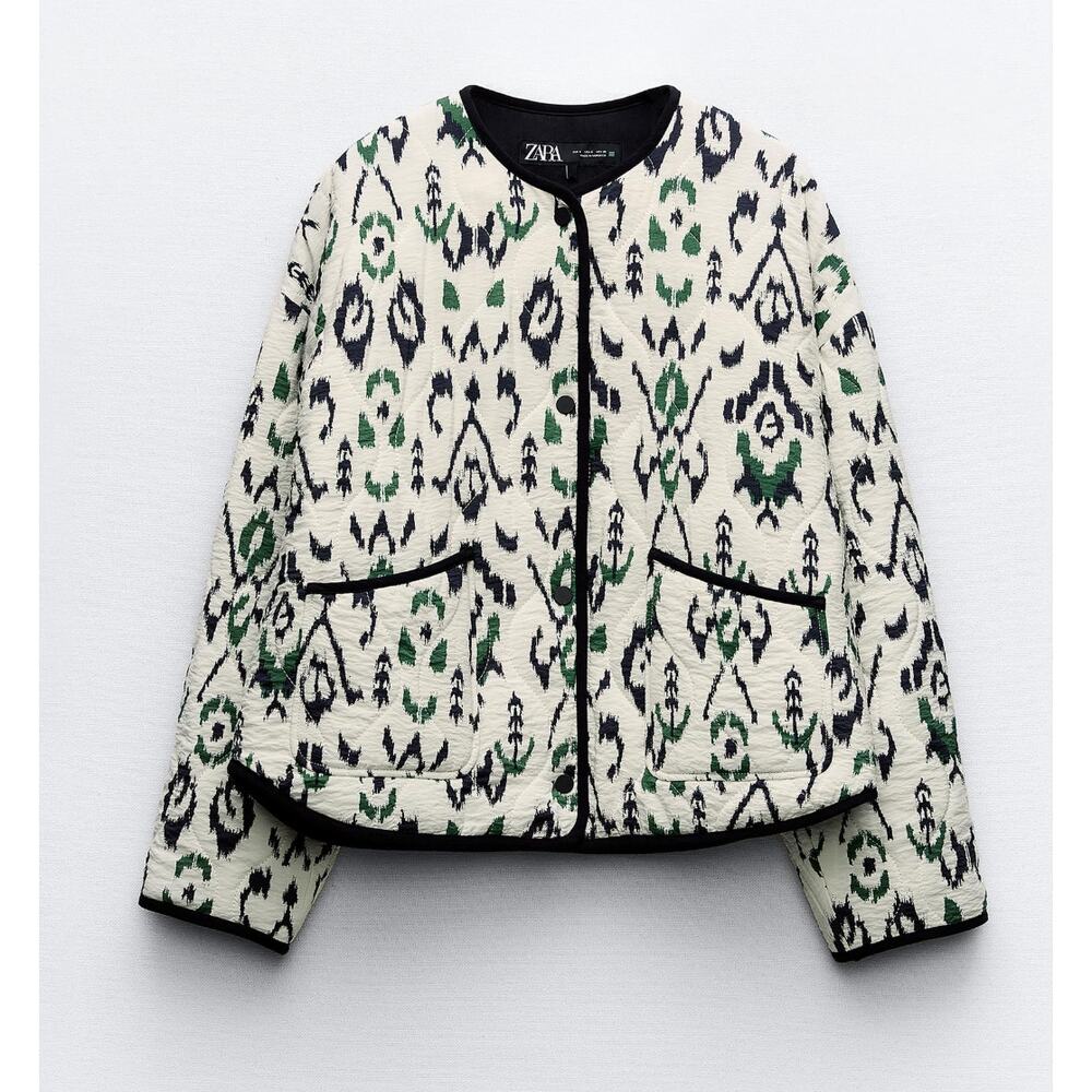 Zara Quilted Bomber Jacket Size Medium Cream Green Navy Multicolor Pattern EUC - Picture 2 of 11